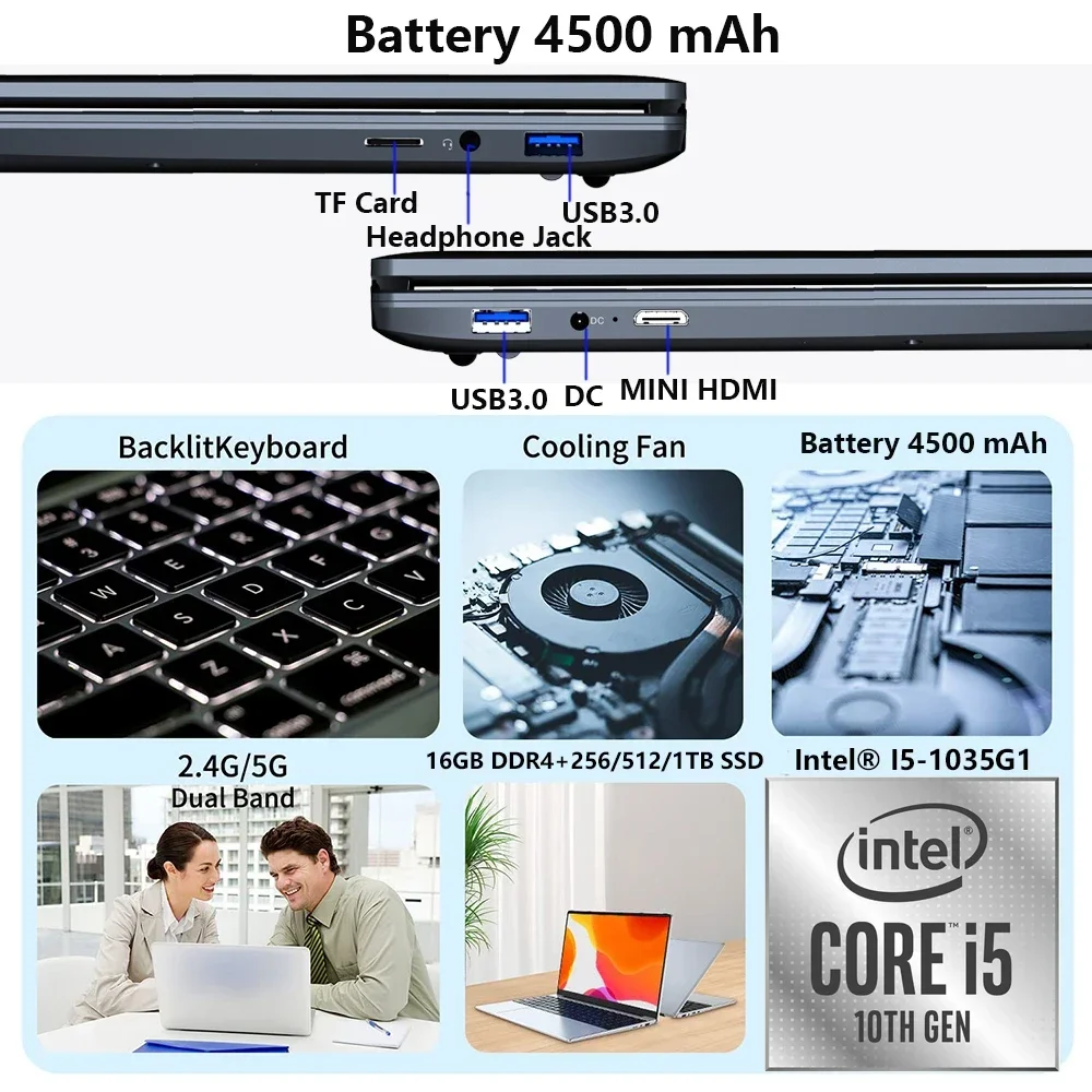 Notebooks Office Study, I5, Windows 11, notebook gamer, netbook, tela grande de 16 ", Intel Core I5-1035G1, 16GB RAM, 1TB SSD, 2023