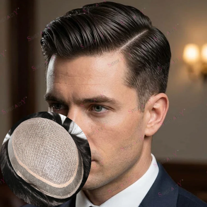 Natural Frontline Comfortable Silk Top European Man's Human Hair Wigs Replacement Undetectable 30mm Wave Full Silk Base Toupee