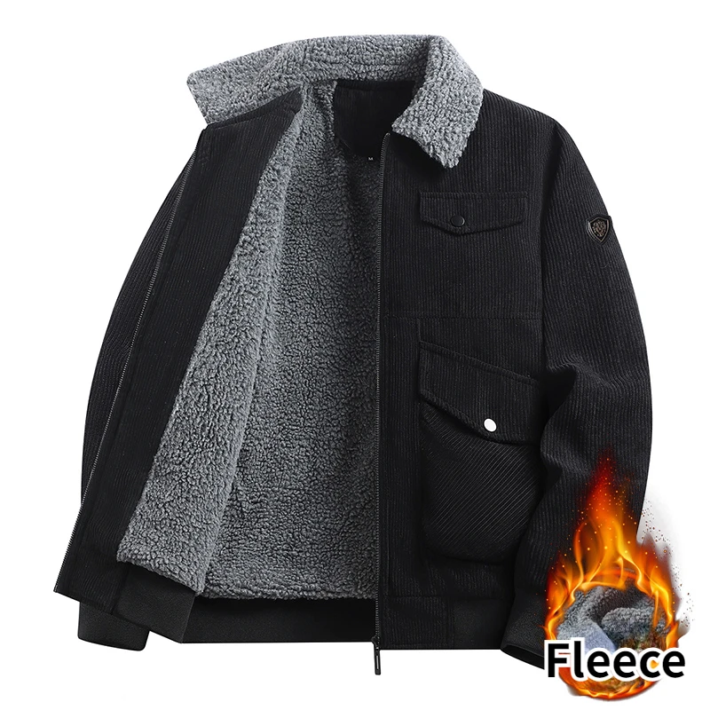 Male Lamb Velvet Windbreaker Plus Size  Trendy Corduroy Thick Warm Fleece Coats Fur Collar 2024 Winter Casual Jacket Outwear