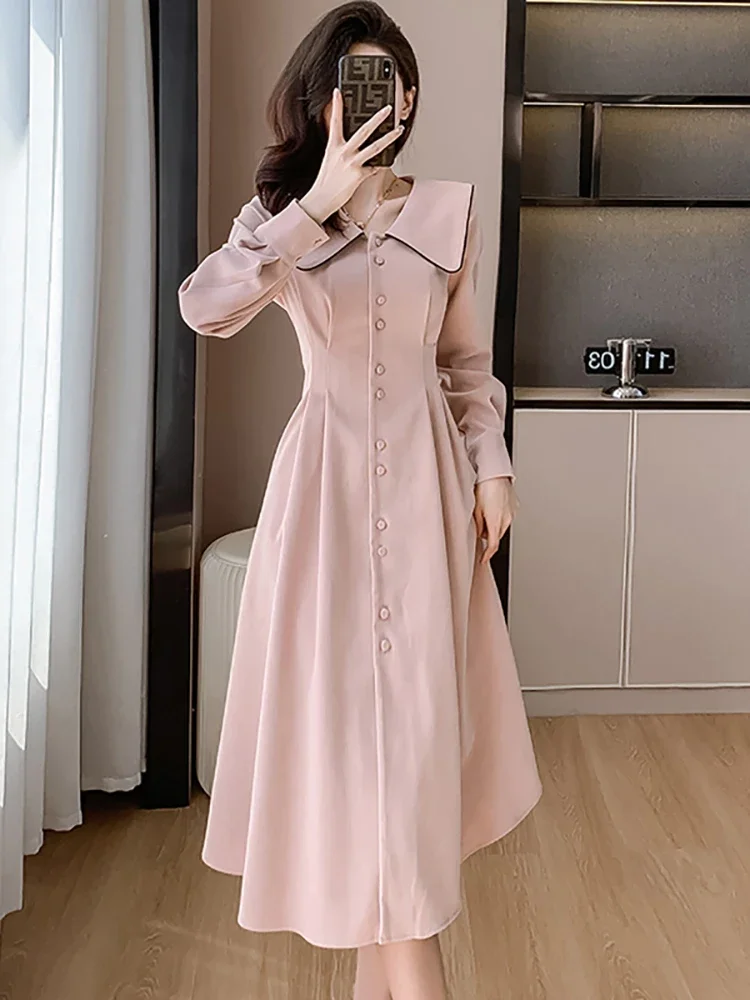

Women Pink Long Sleeve Polo Collar Casual Long Dress 2025 Korean Elegant Suitable Dresses on Request Autumn Bodycon Party Dress