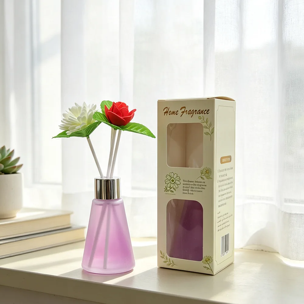 Frosted Glass Reed Diffuser with Artificial Flower Sticks Long Lasting Scent Home Bedroom Aromatherapy Decor Air Freshener