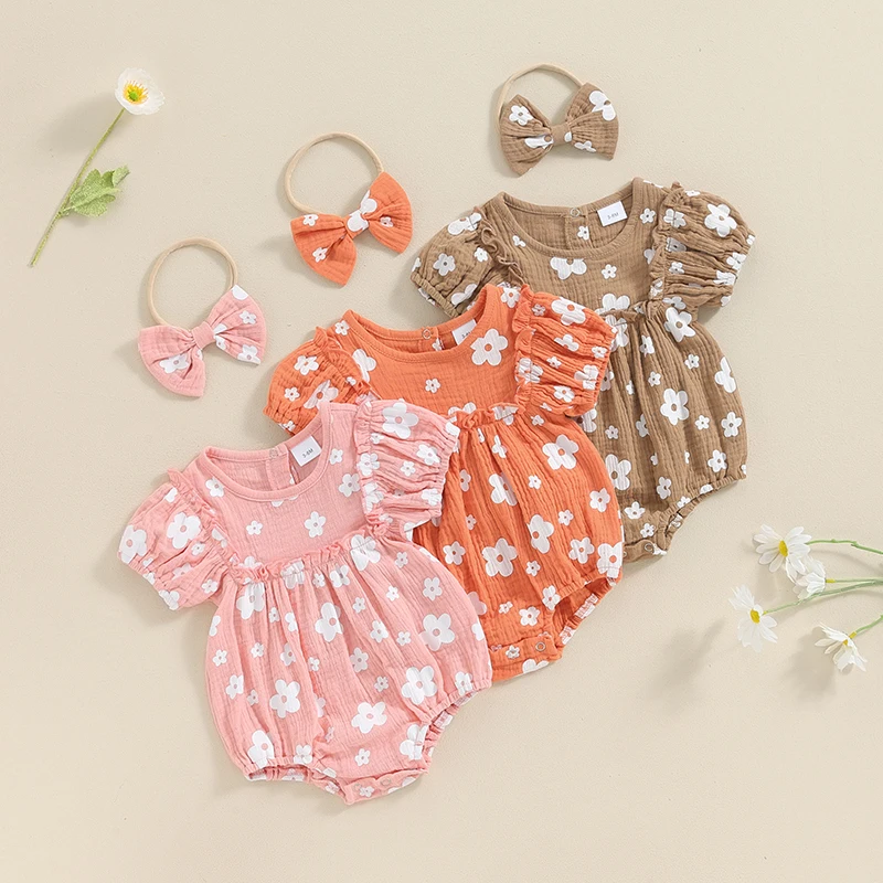 Toddler Baby Girl 2Pcs Summer Outfits Ruffle Short Sleeve Floral Print Frill Romper with Headband Clothes Set Newborn Jumpsuit