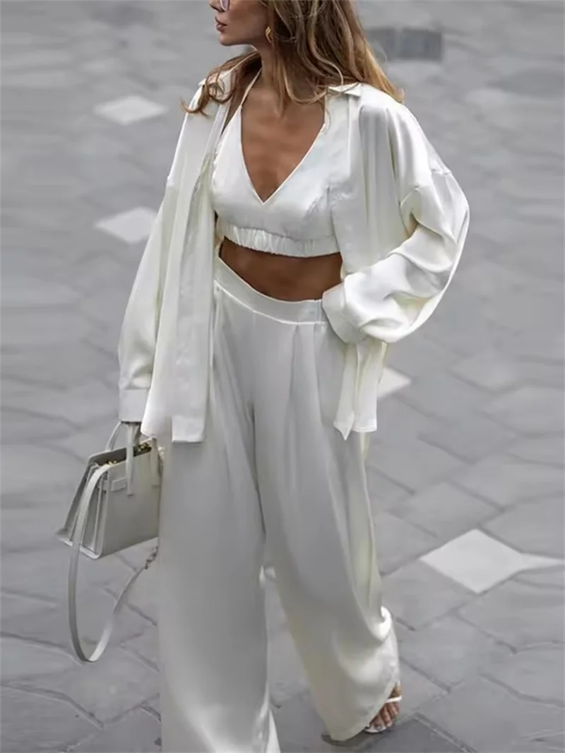 Sexy Lose Seide 3 Stück Sets Frauen Outfit 2025 Mode Langarm Shirts Bh Mit Hoher Taille Breite Hosen Set dame