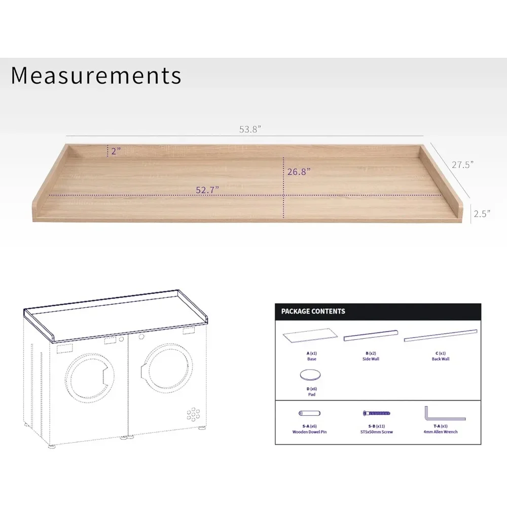 Wasdroger 54-inch aanrecht met veiligheidsregel voor wasruimteorganisatie, licht hout