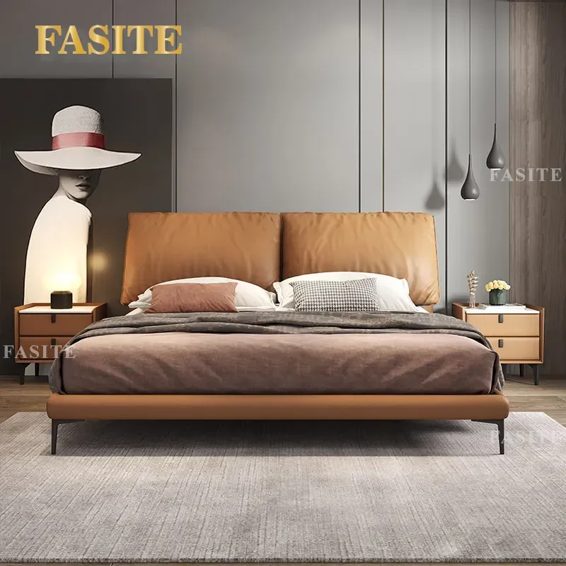 Italian Minimalist Leather Bed Design Double Master Bedroom Frame for Small Apartment Wedding Home Decor