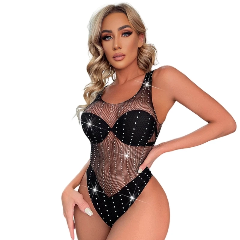 

YUYU Women Rhinestones Fishnet Bodysuit Hollowed See Through Mesh Babydoll Lingerie