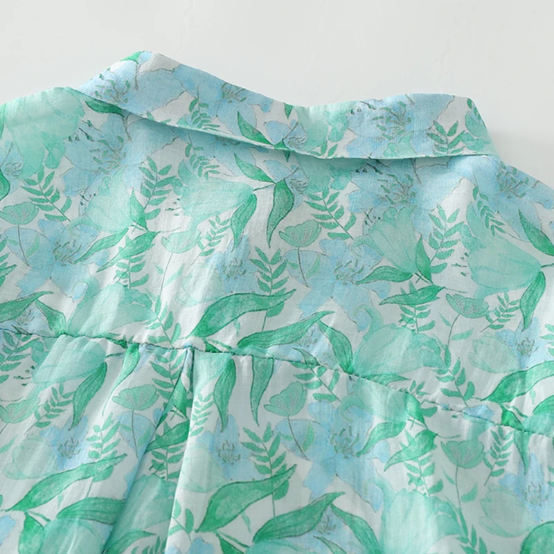 قميص فني من الكتان جديد بتصميم فضفاض وأكمام قصيرة مع ياقة مطبوعة وأزرار أمامية للنساء قطعة علوية مستقيمة رقيقة للصيف