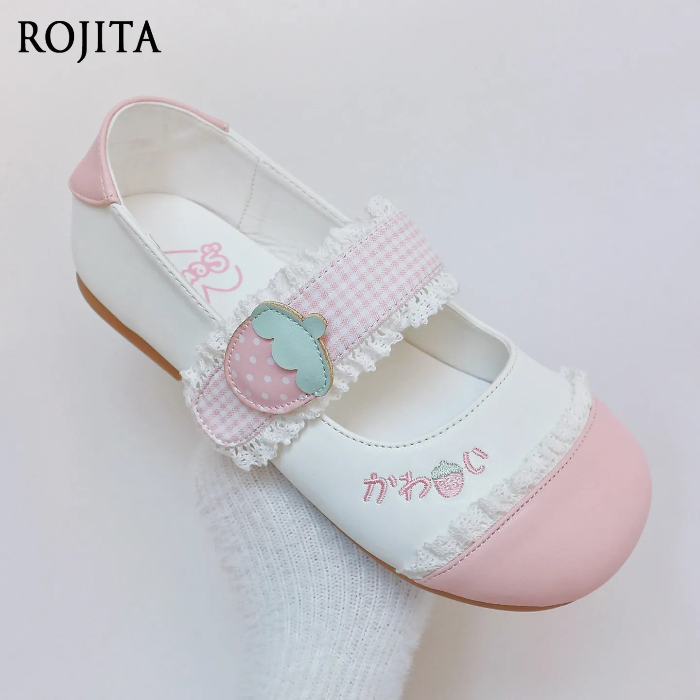 Sweet Strawberry Mary Jane Shoes Japanese Cute Soft Girl Indoor Shoes Lolita Flats with Lace Trim Single Shoes