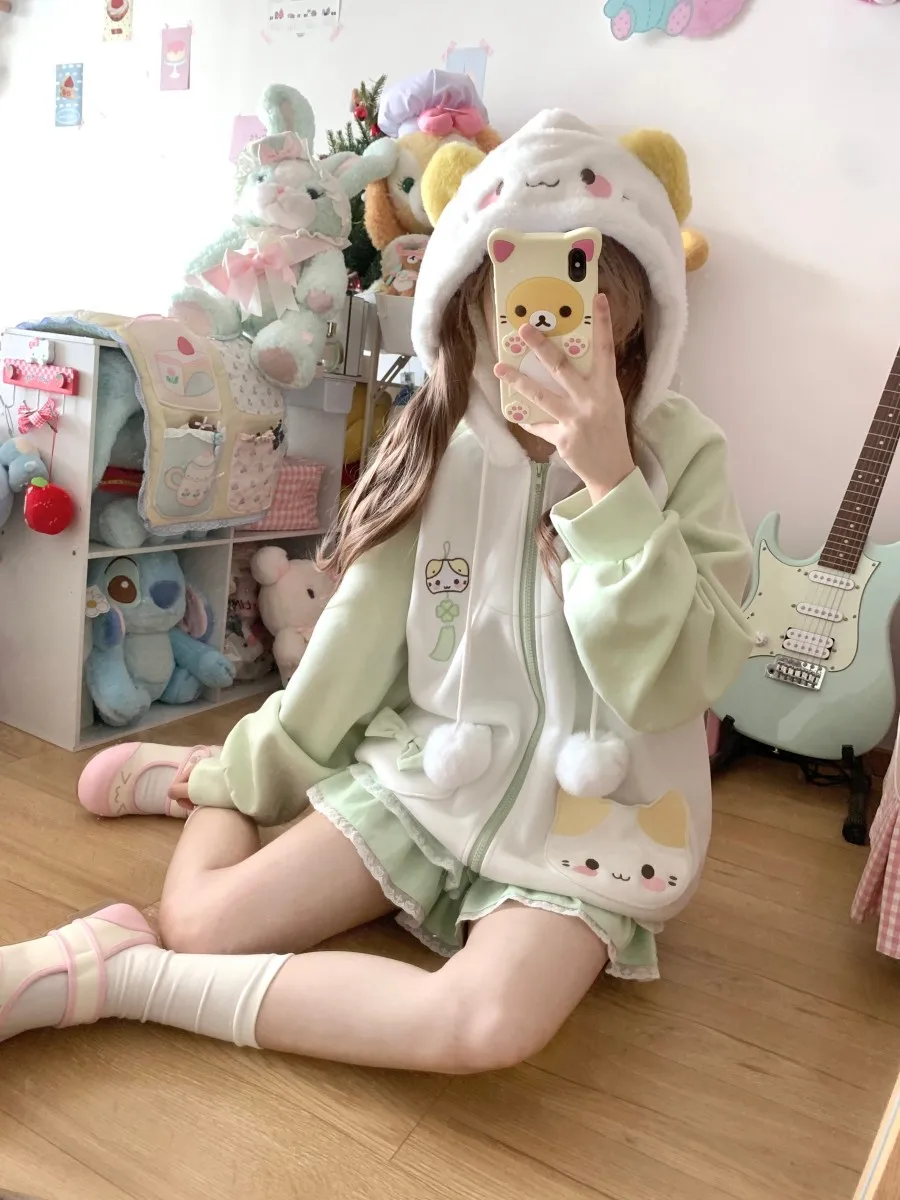 الأصلي اليابانية لينة الفتيات القط طباعة هوديي ربيع الخريف طالب Y2K فضفاض سليم Kawaii هوديي سستة سترة سترة تنورة