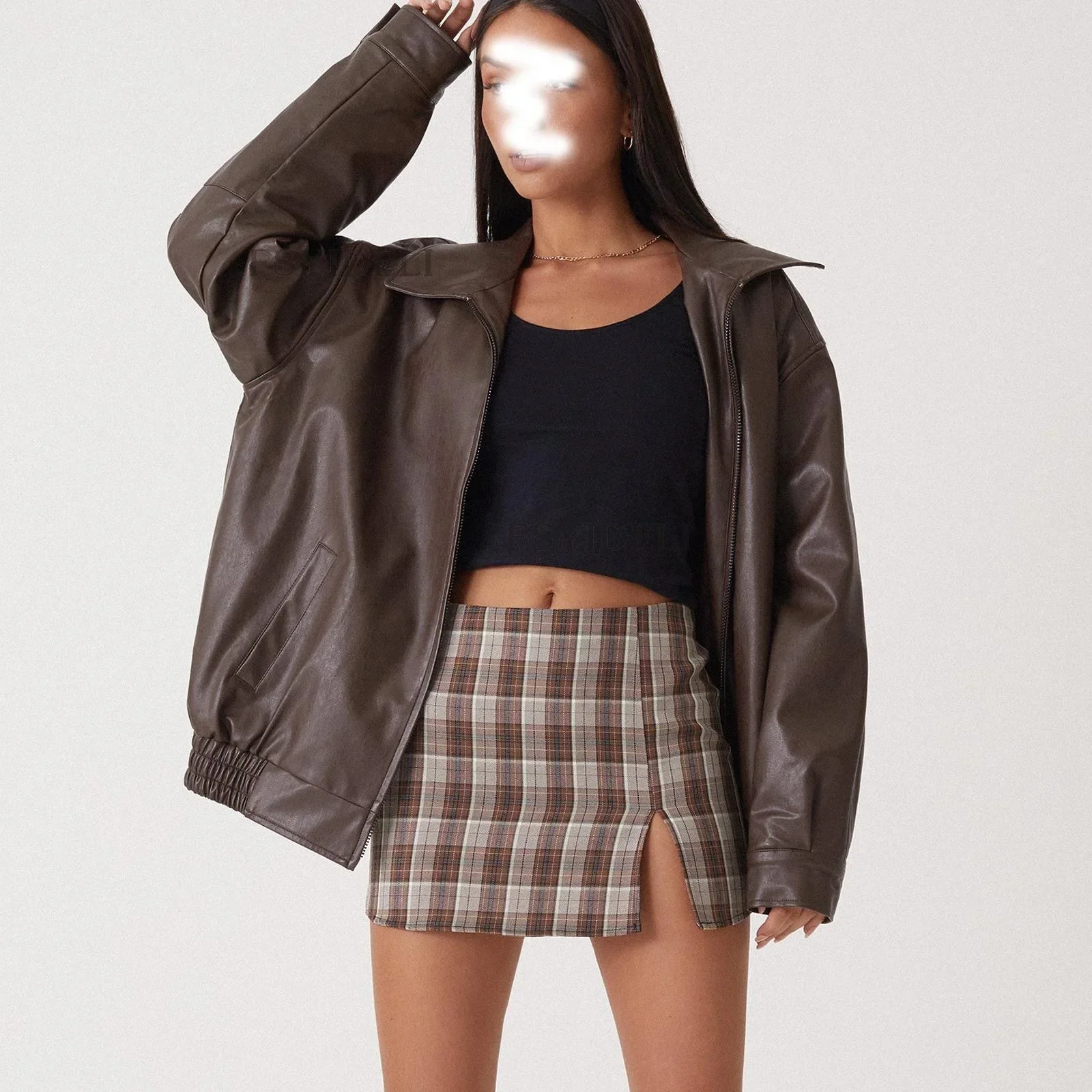 Chaqueta de Cuero Sintético Estilo Motero para Mujer, Primavera-Otoño 2026, Ajuste Holgado, Cuello Alto, Cintura Elástica, Abrigo de Moda