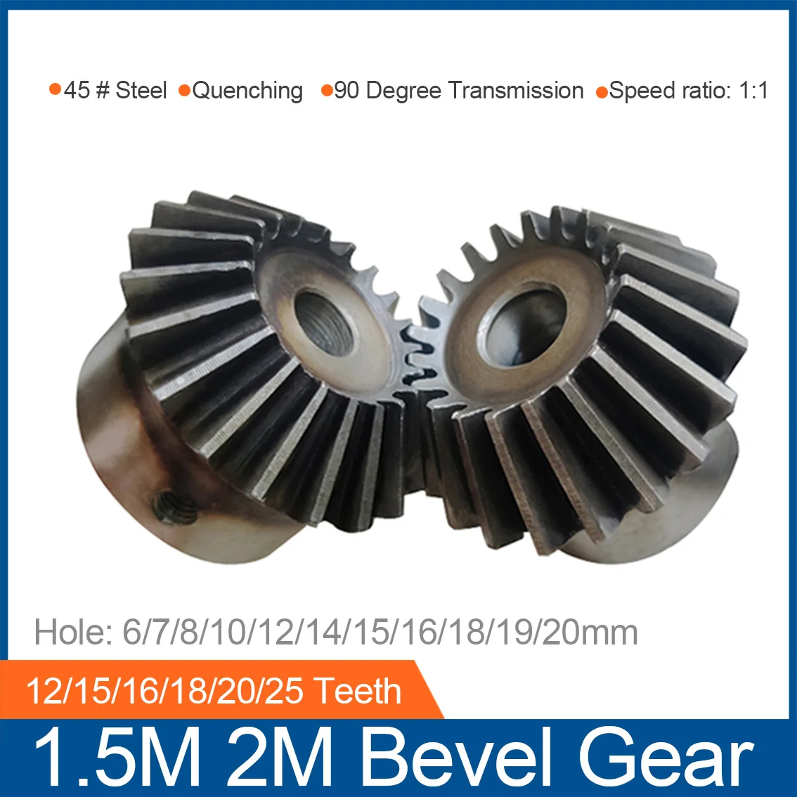 

1Pcs 1.5M 2M 12/15/16/18/20/25 Teeth Bevel Gear Hole 6/7/8/10/12/14/15/16/18/19/20mm 45# Steel Quenching M5 Screw Hole Fixing