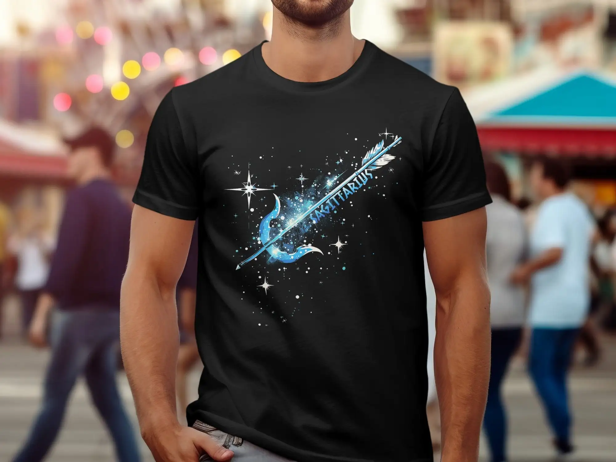 Sagittarius Zodiac Bow Arrow T Shirt Unique Celestial Design Horoscope Apparel Astrology Star Sign Clothing Blue Cosmic Art