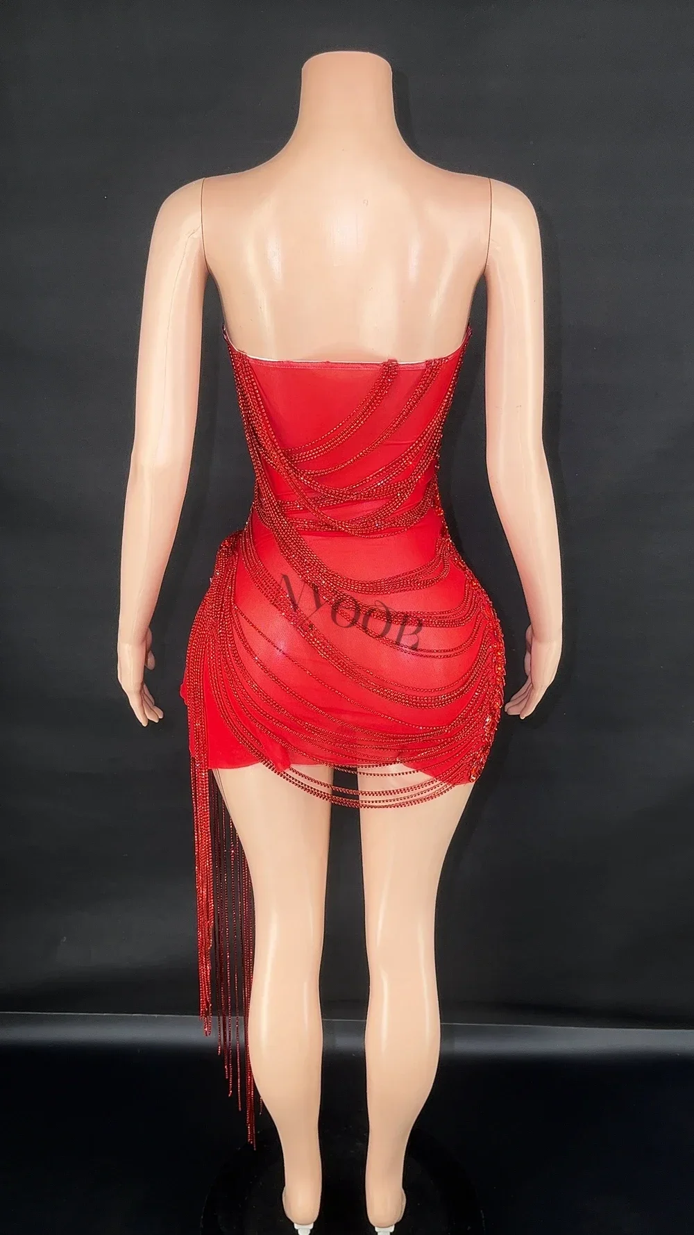 Red Rhinestones  Dress Fringes Mesh See Through Short Birthday dress Sexy CelebrateWedding Evening Prom gown outfit