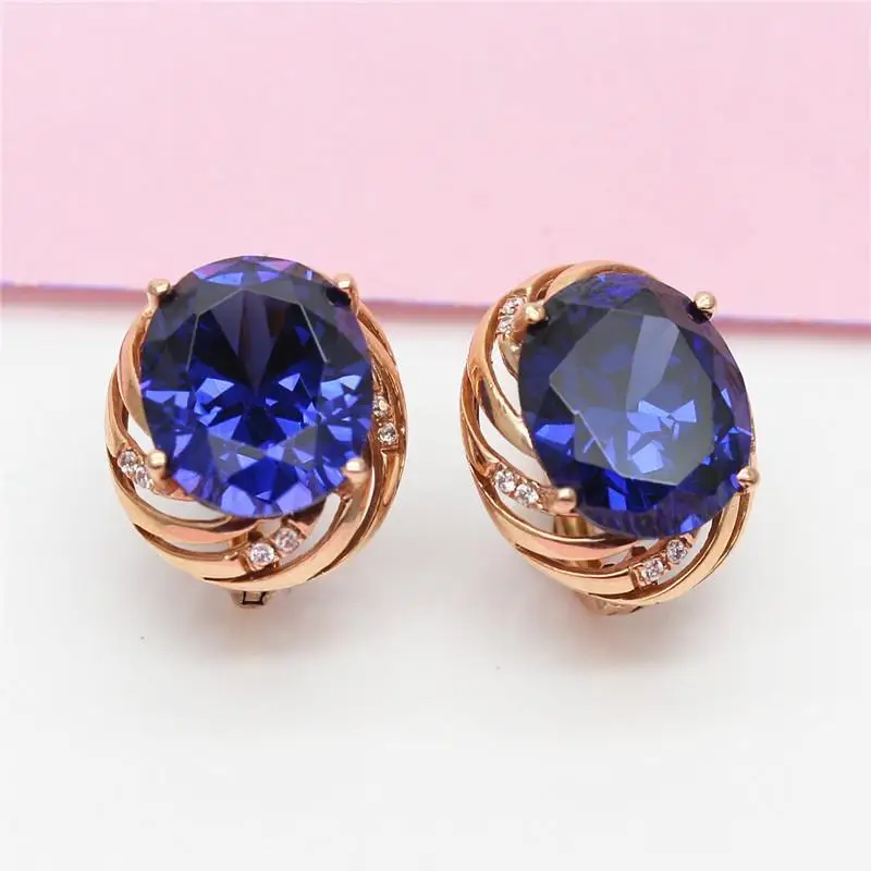 

585 Purple Gold Circular Classics Earrings for Women Plated 14K Rose Gold Inlaid Blue Gemstone Earings Stud Banquet Jewelry