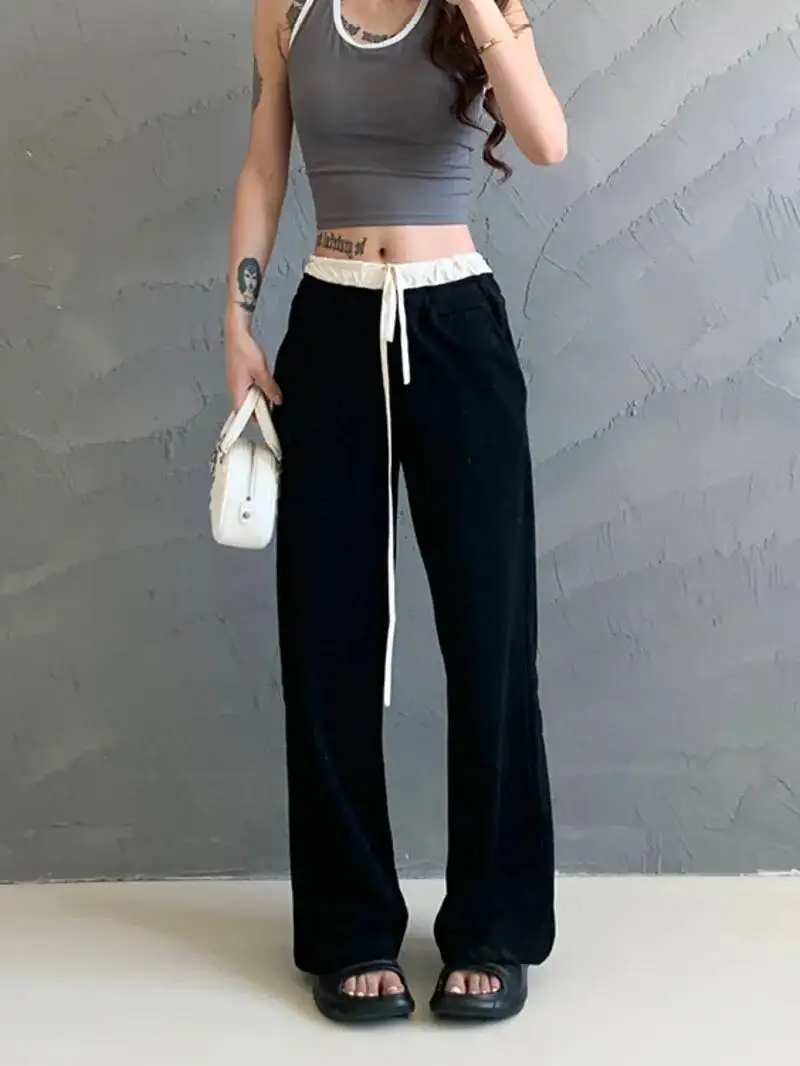 

Контрастные свободные брюки с широкими штанинами для женщин, повседневные брюки для женщин, осенние брюки с эластичной резинкой на талии, прямые брюки, модные E7L3