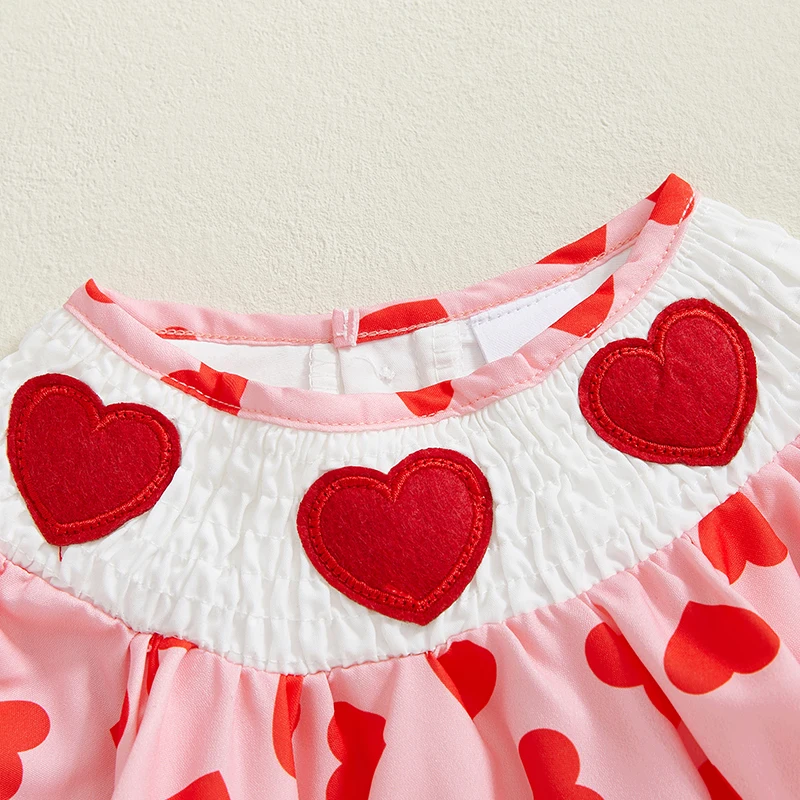 Baby Girl Valentine s Day Romper Heart Print Long Sleeve Smocked Round Neck Ruffled Spring Jumpsuits with Bow Detail