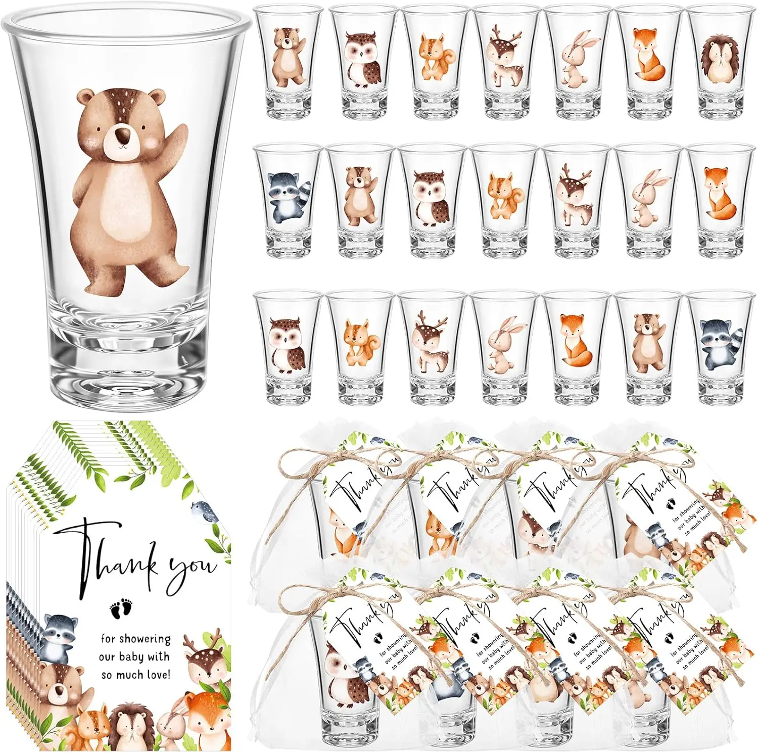 

Woodland Baby Shower Shot Glasses Set with Cards and Bags for Gender Reveal Party Supplies