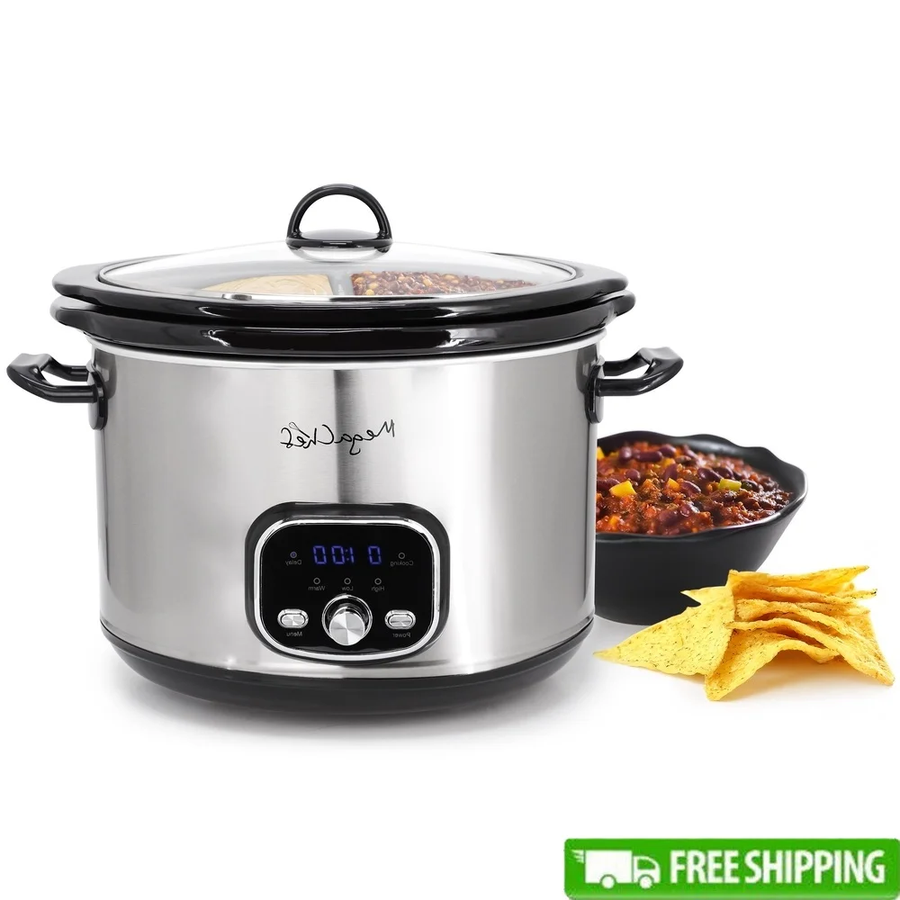 

6 Quart Split Electric Slow Cooker Stainless Steel Digital Control Non-Stick Ceramic Pot Tempered Glass Lid Dishwasher Safe