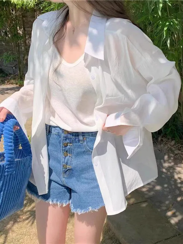 

Sun Protection Ice Silk Women's Shirt Thin Summer Lightweight Tunic Top White Lyocell Cardigan Outerwear Sweet Style Japanese