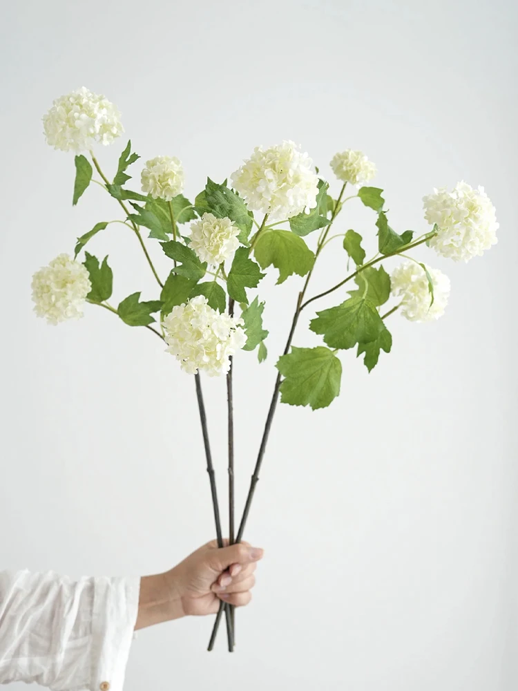 White Artificial Hydrangea 3 Heads Fabric Green Hydrangea Long Branches Decor Spring Artificial Floral Arrangement Wedding