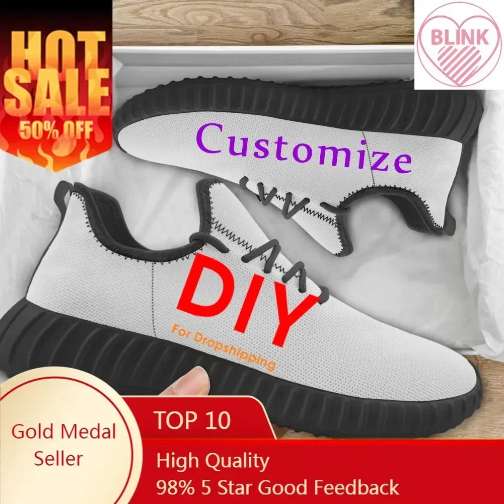 Custom Shoes Customized Logo Women Mesh Knit Sneakers Casual Lace Up Flats Ladies Breathable Fashion Light Shoes Size 35-48 DIY