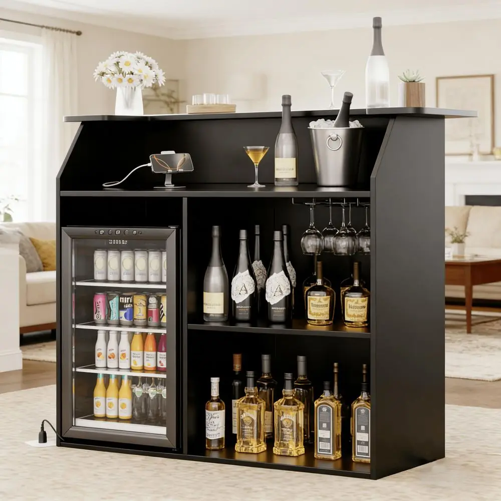 

Барная стойка с держателем для бокалов, 3-уровневый барный шкаф-стол для напитков, винный барный шкаф с местом для мини-холодильника для столовой, L