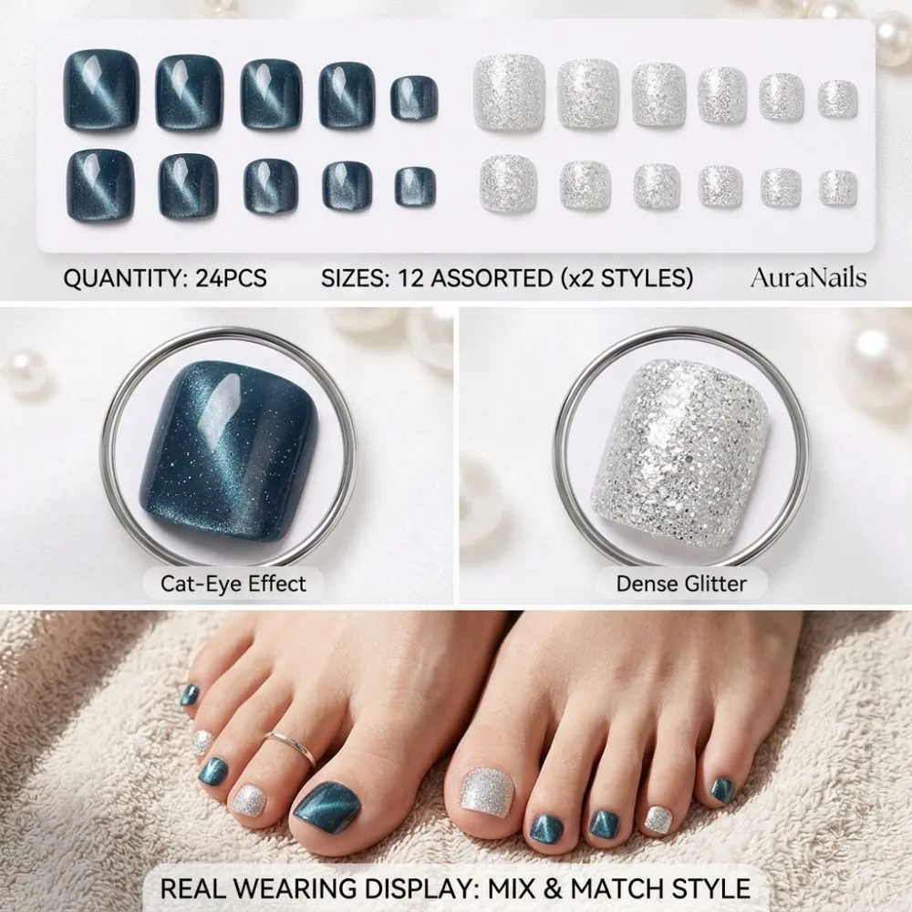 24PCS Ocean Blue Cat Eye Toenails Silver Glitter Press On Toe Nails Dark Magnetic Glossy Square Short False Foot Nails Beach view 2