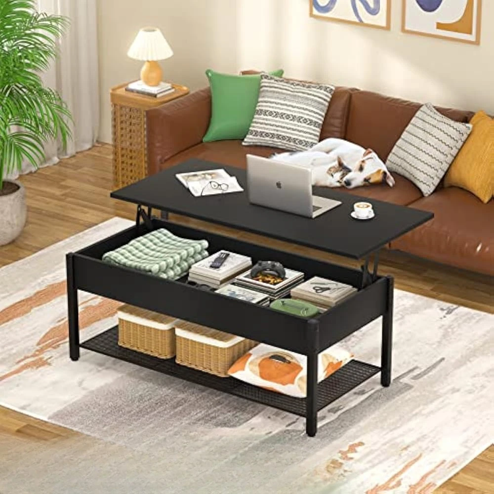 

Coffee Table with Storage Shelf and Hidden Compartment, Lift Top Tables for Living Room, Wood Lift Tabletop, Metal Frame