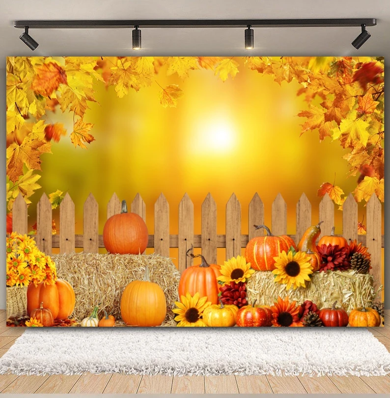 Autumn Fallen Leaves Sunshine Backdrop for Photography Fall Farm Harvest Pumpkin Sunflower Baby Portrait Background Photo Studio