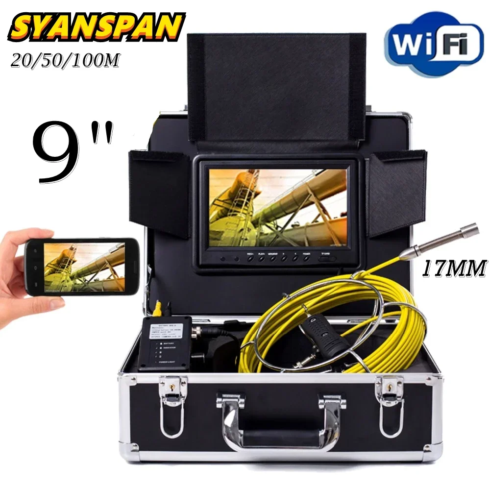 Snake Pipe Inspection Camera SYANSPAN WiFi Video Drain Camera 9''Screen 17mm Sewer Endoscope Camera Support Android/IOS