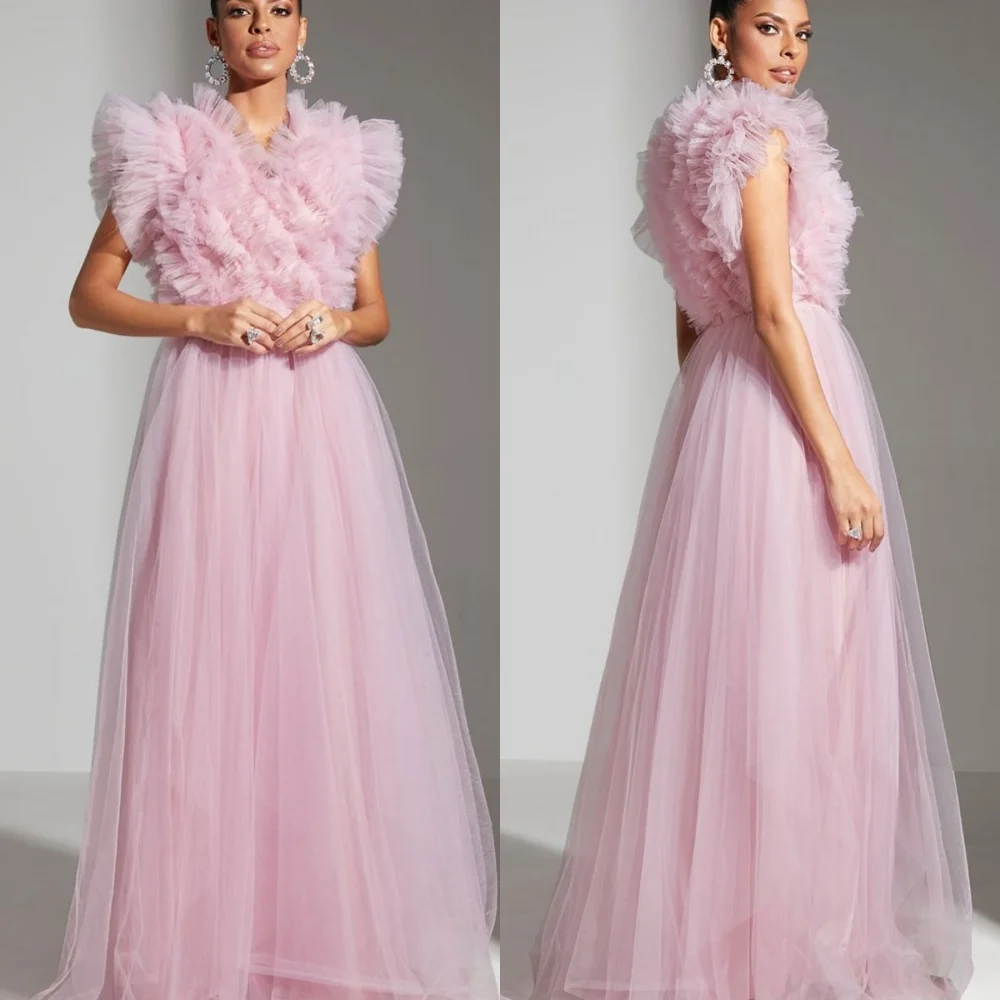 

High Quality Tulle Pleat A-line V-neck Long Dresses Quinceanera Dresses High Quality Exquisite Classic Fashion