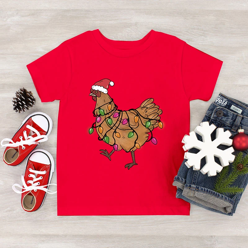 Kinder Schattige Kip Haan Print T-Shirt Cartoon Kerstdier Rood Zwart Wit T-Shirt Met Korte Mouw Jongen Meisje Tops