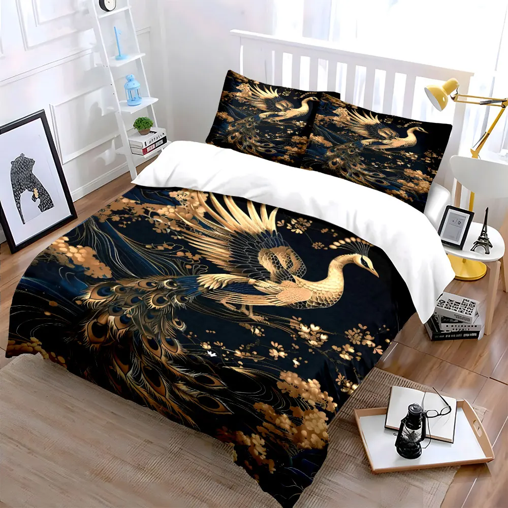 Golden peacock with floral artwork Duvet Cover Set with 3D Printing Design Soft Polyester Bedding Set All-Season Comfort