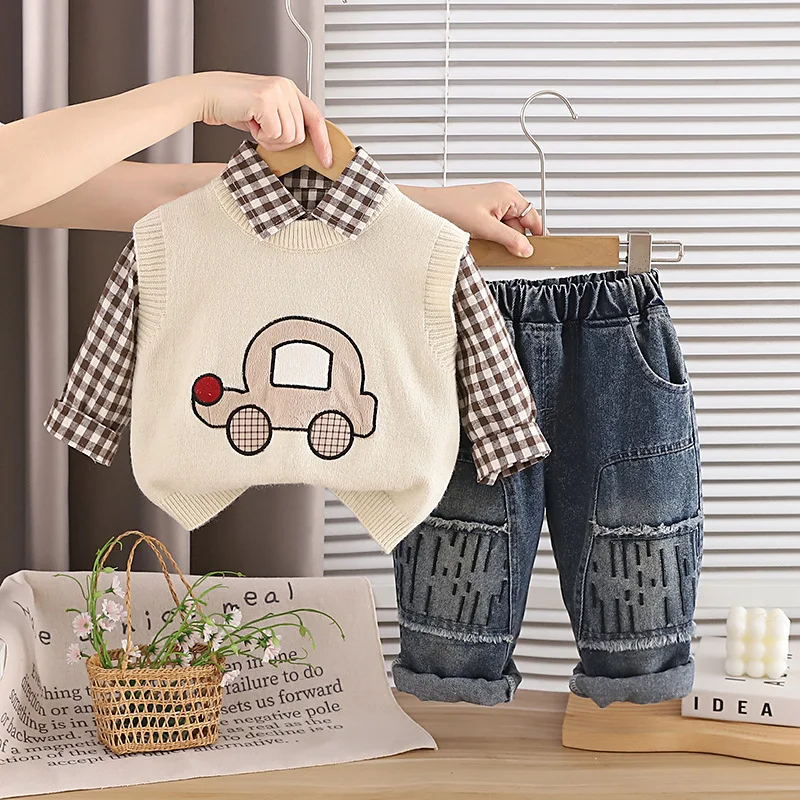 Toddler Boys Outfit 2026 Spring Autumn New Baby Boy Cute Car Knitted Sweater Vest + Plaid Shirt + Pants 3 Piece Set Kids Clothes