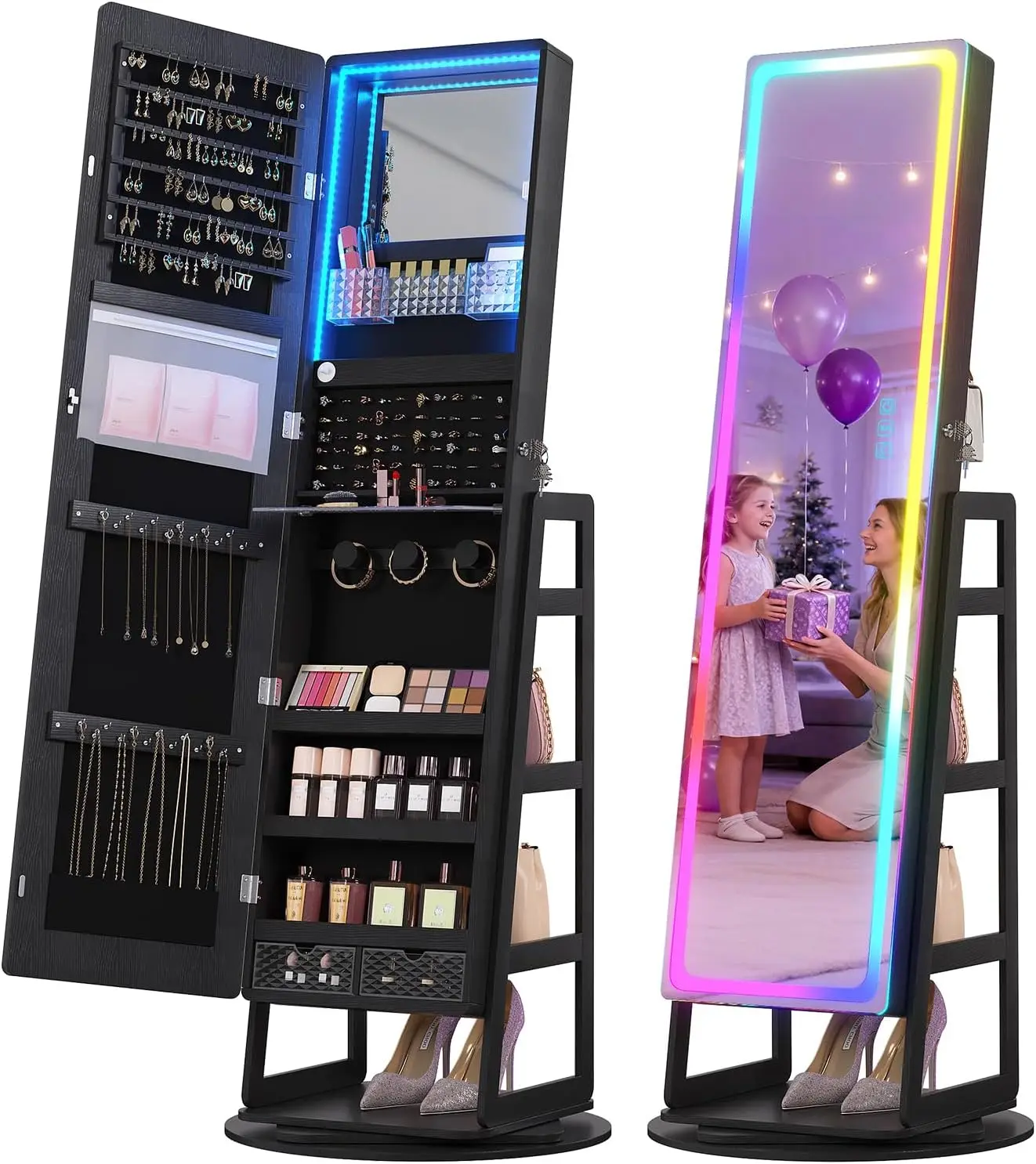 360 Rotating Lockable | 12-Zone Velvet Floor Standing Jewelry Organizer | | 108 Earring Slots, 24 necklace hooks, RGB+LED Ideal gift
