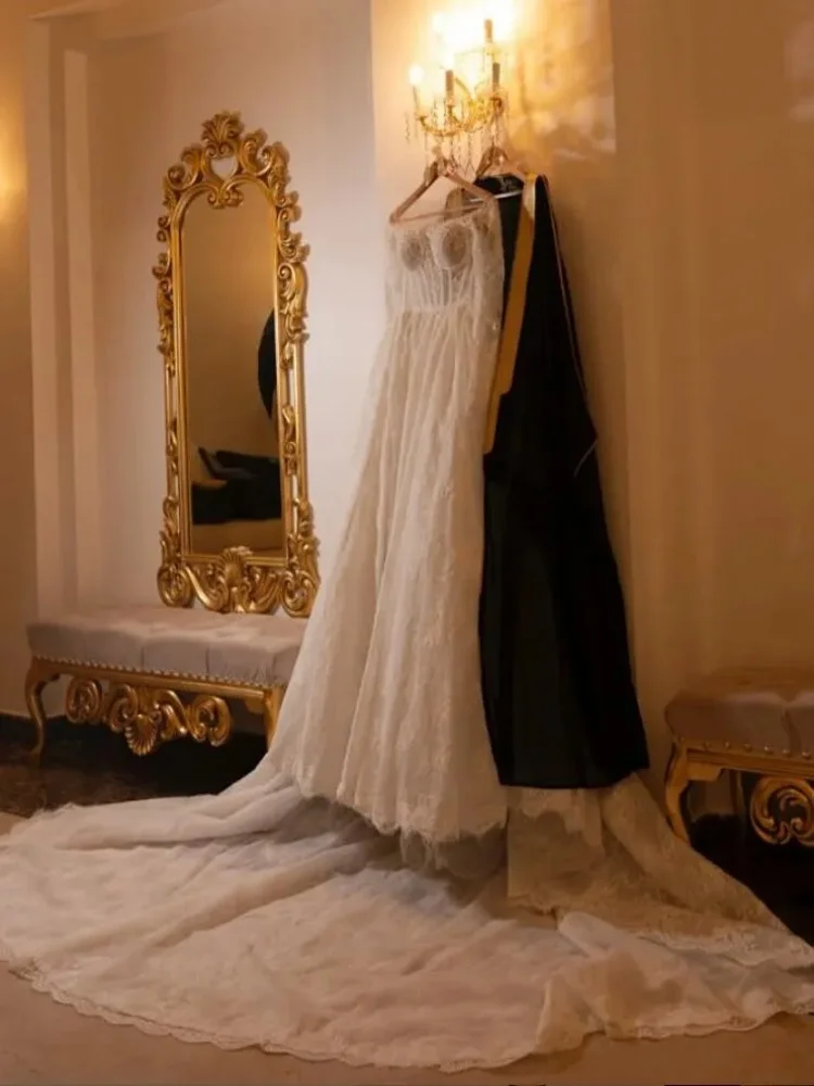 تخصيص الرقبة شير انظر من خلال الدانتيل يزين فستان الزفاف Vestidos Noivas Ballgown طويلة الأكمام الأميرة ثوب الزفاف #3