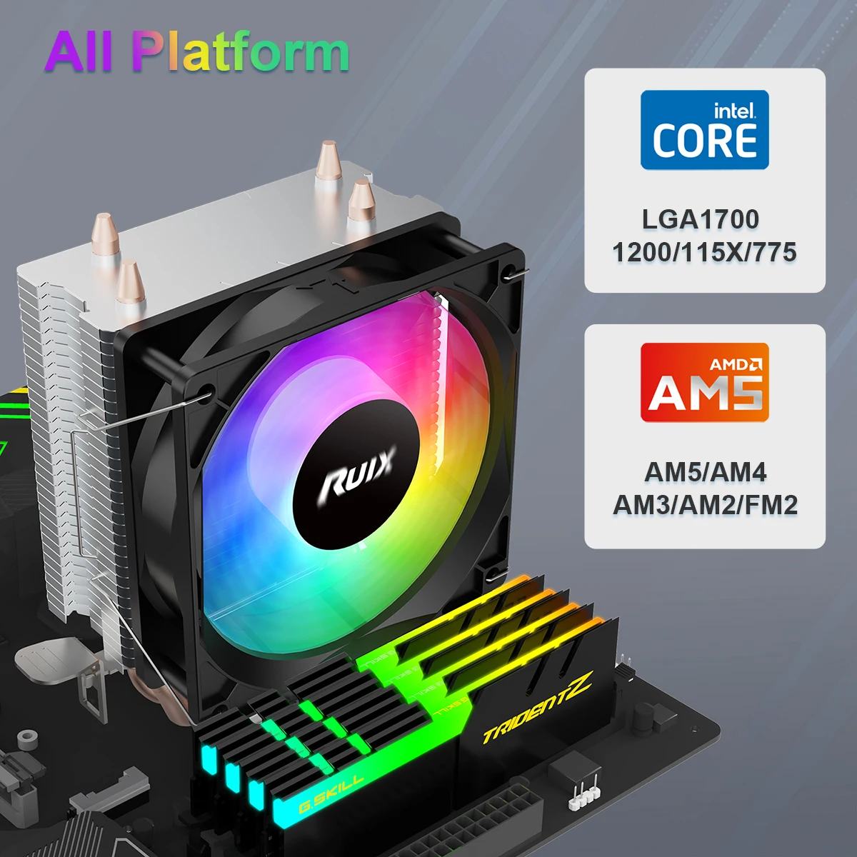 Ruix X2000 空気 CPU クーラー 2 ヒートパイプラジエーター冷却 RainbowRGB 3PIN ファン静音 Ventilador インテル 115X 1200 1700 AM4 AM5 AMD