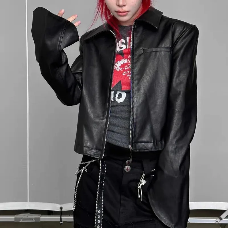 

az15"Rock Music First" Heavy Industry Printed Rivet Cut Contrast Colored Panel Flare Sleeves Slim Fit Design Leather Jacke