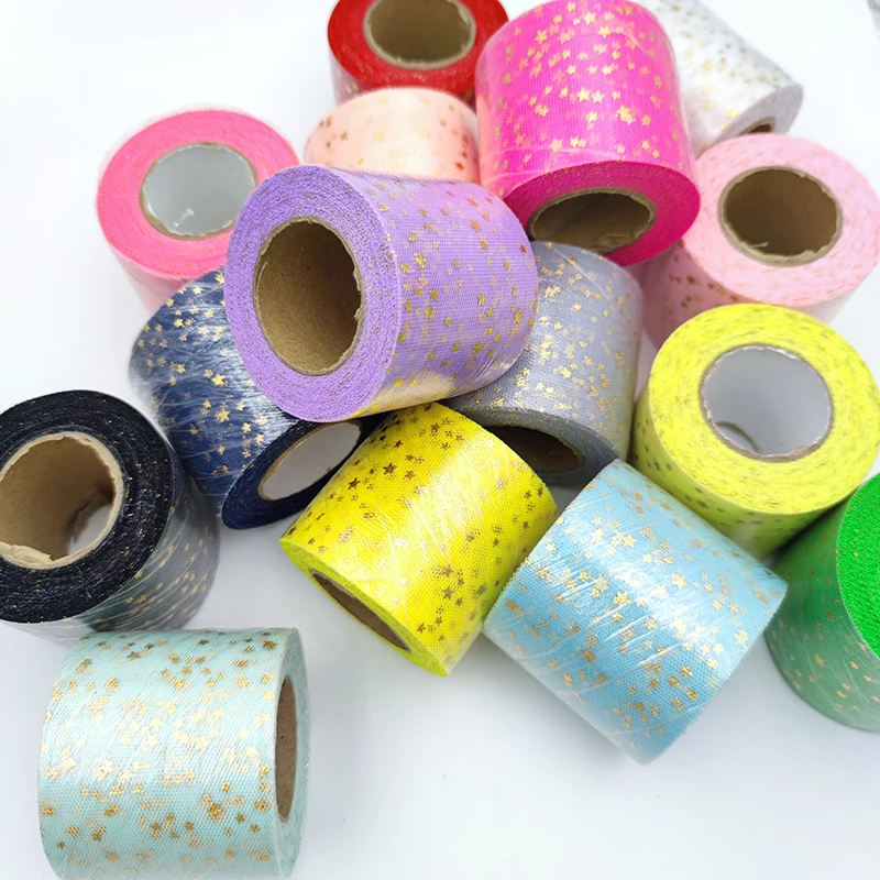 Hot Stamping Star ribbon Bow Mesh Roll DIY Hair Accessories Material Rope Net Decoration Tulle Craft Ribbons Gift Bow Packaging