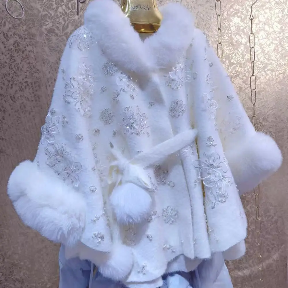 Luxury Design Sequins Pearls Beads Embroidery Knitwear Faux Fur Cape Coat Women Autumn Winter Fur Jacket Outwears Sweater