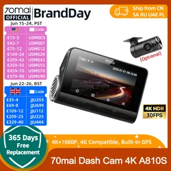 70mai Dash Cam A810S Front 4K Rear 1080P Support 4G Module GPS & ADAS Night Vision Supercapacitor Car DVR 70mai A810S