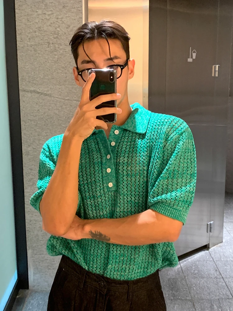

SYUHGFA Men's Hollow Out Knitting T-Shirt 2024 Summer Simple Loose Korean Style Short Sleeve Top Solid Color Fashion Pullover