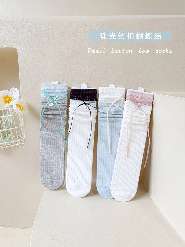 Spring Children's Thin Cotton Knee High Socks with Vertical Stripe Splicing Design Baby Girls Kids Bow Button Boneless Hosiery