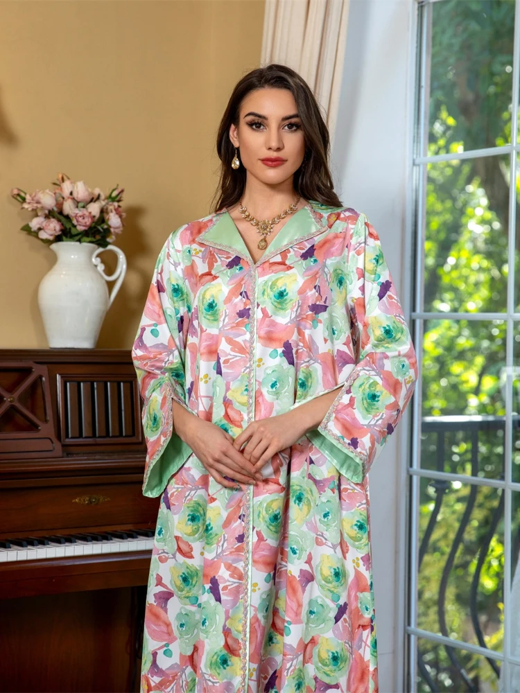 

Floral Long Dresses Islam Dubai Casual Evening Party Abayas Galabia Muslim Ramadan Moroccan V-Neck Kaftan Clothing