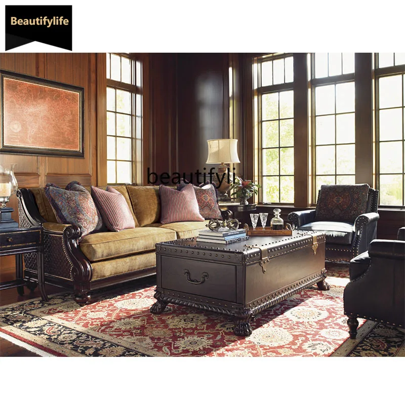 B567 American Retro Villa Modern Solid Wood Antique Box Style Genuine Leather Reception Coffee Table Low Table