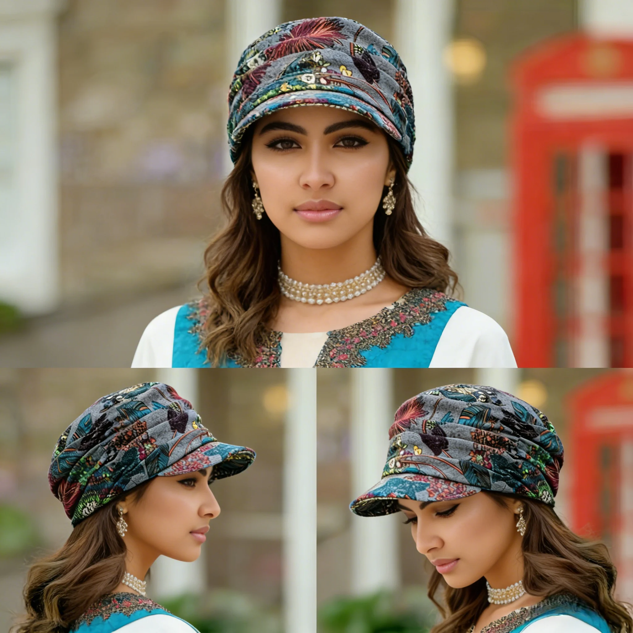 Fashionable Gray Twisted Cap: Vibrant Floral Pattern, Unique Peaked Design for Stylish Wear