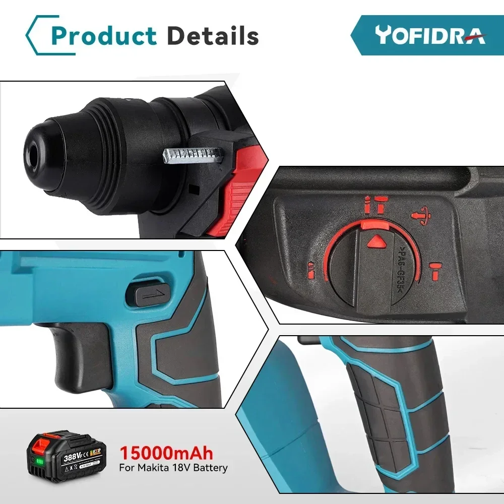 YOFIDRA 26 มม.กระบอกBrushlessมอเตอร์ค้อนไฟฟ้าเจาะเจาะBits.สําหรับMakita 18Vแบตเตอรี่สว่านโรตารี่กระแทกไร้สาย