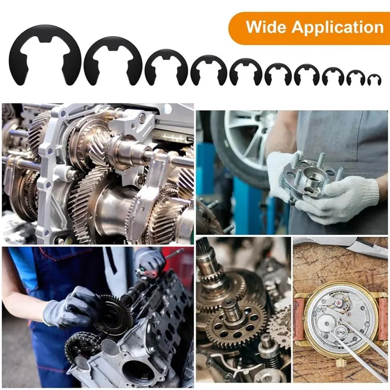 AB11-580PCS Black Carbon Steel E-Clip Kit,10 Sizes External Retaining Rings(M1.5-M10) For Bearings, Gears, Pulleys