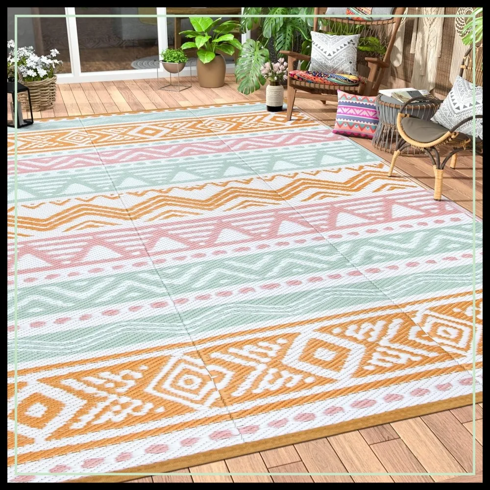 

8x10 Patio Waterproof Outdoor Rug, Reversible Plastic Straw Rug for Camping, Large RV Carpet for Porch Deck Backyard Picnic
