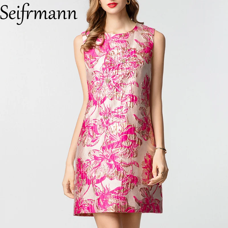 

Seifrmann Шикарное элегантное дизайнерское платье с круглым вырезом без рукавов, жаккардовые короткие платья трапециевидной формы с бисером и кристаллами